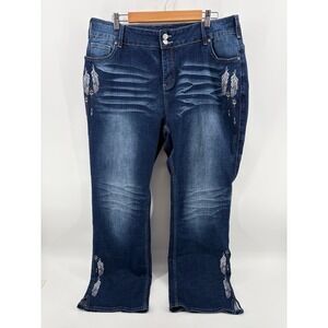 Flamingo, Wide-Leg Feather Embroidery Stretch, Dark Wash Denim Jeans, 4XL